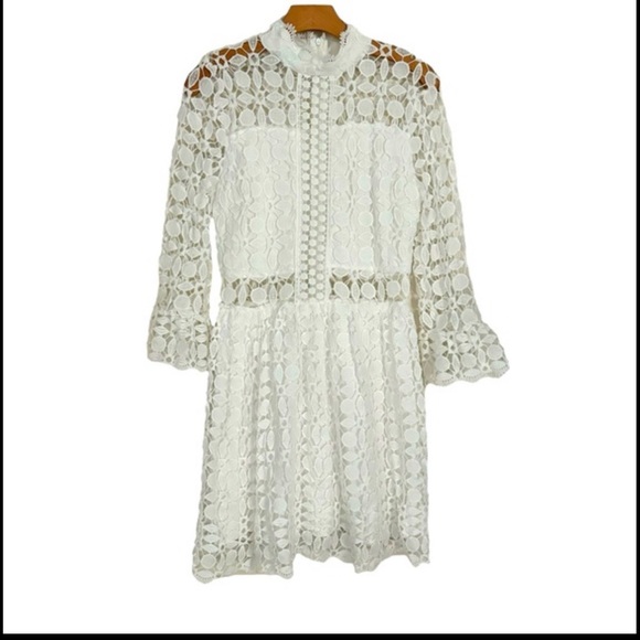 EILLY BAZAAR Mesh Insert Mock Neck Flounce Lace Dress White Size M - Picture 2 of 6